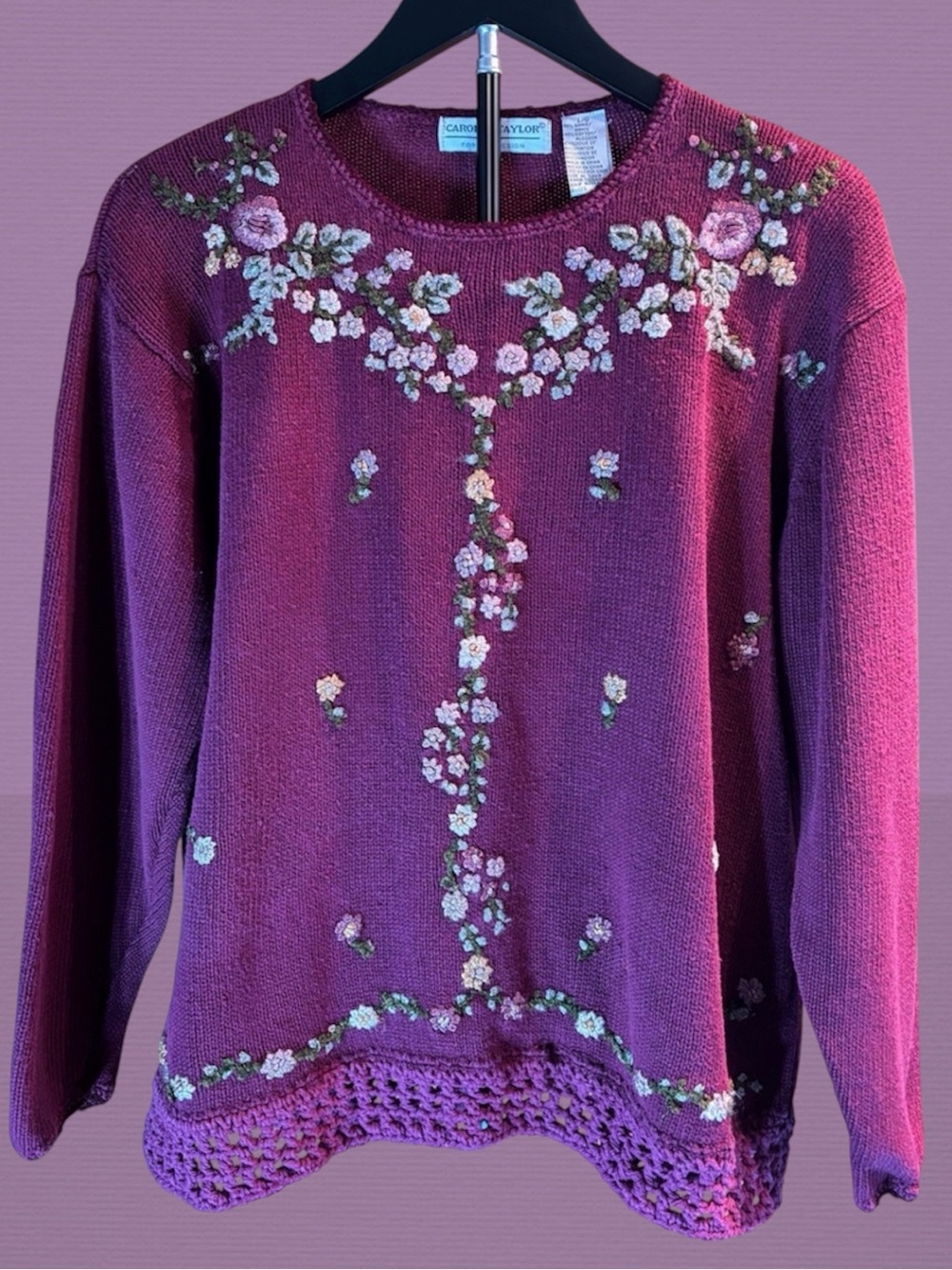 Carolyn Taylor Burgundy Floral Embroidered Knit Sweater L cottagecore VINTAGE